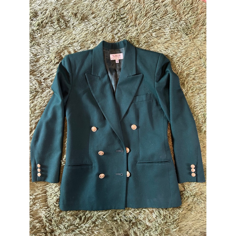 Talbots Blazer 4P Green Double Breasted Wool Professional Crest Gold Buttons USA